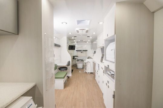 Fully wheelchair-accessible, the first Benco Dental Mobile Dental Coach is equipped with two complete operatories, full stericenter, reception area and network hookups. 